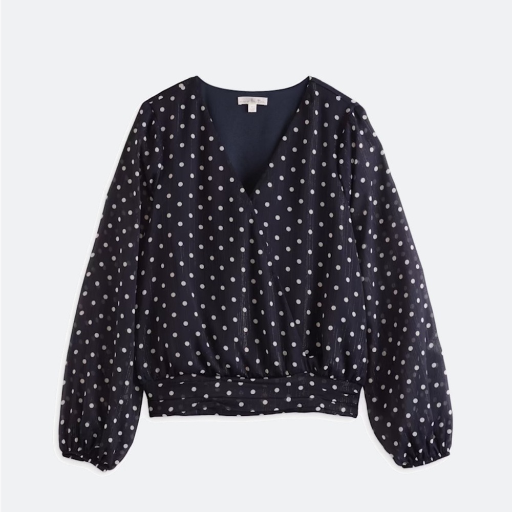 NWT Nine Britton Inez Navy Polka Dot V-Neck Blouse with smocked bottom. XL.